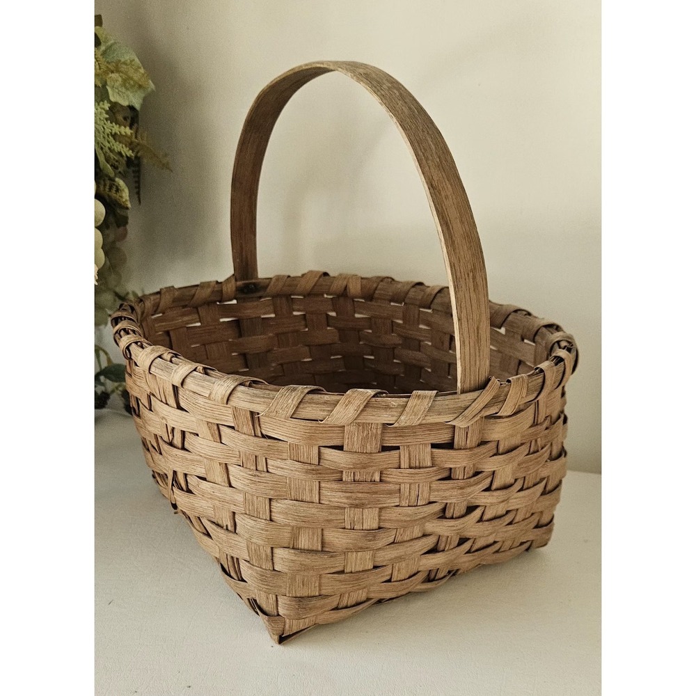 Antique Primitive Woven Split Oak Handle Gathering Basket 12x10